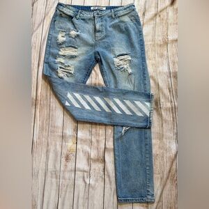 OFF-WHITE Diag-stripe distressed Blue Jeans with White Stripes